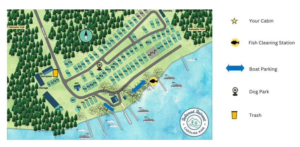 Property map showing the layout of cabins and other amenities like the store and boat ramp.