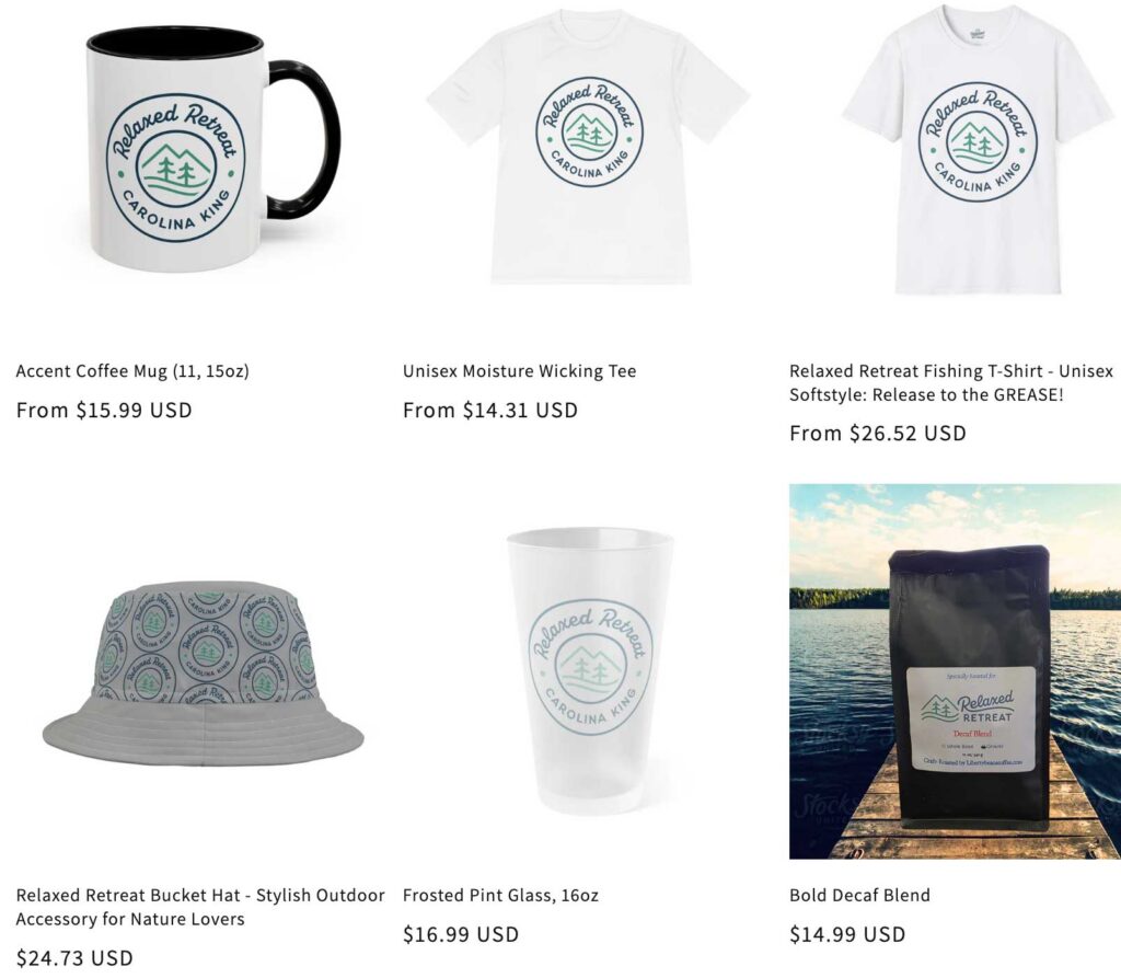 A picture of some of our Relaxed Retreat merch on our online store.